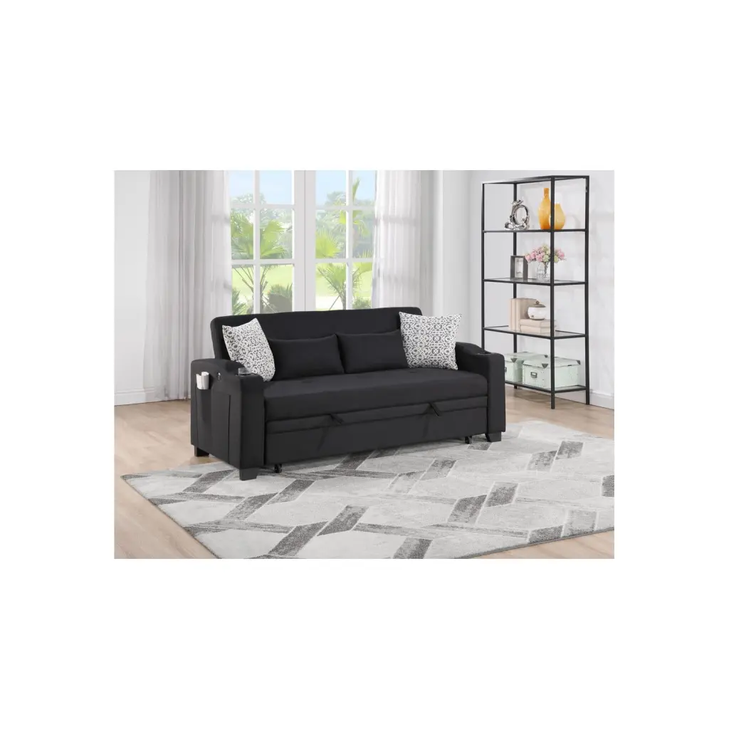 Bennett 71W Black Fabric Convertible Sleeper Loveseat USB Charger and Cupholders Lilola Home