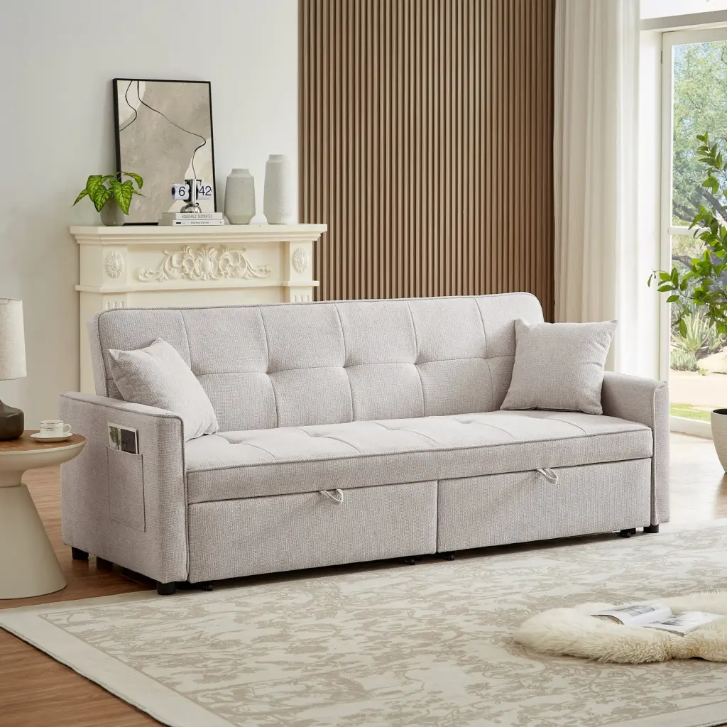 Versatile Ivory Fabric Sofa Chair Storage Armrests Transforms into Spacious Double Sleeper 3 1 Double Folding Sofa Two Pil...