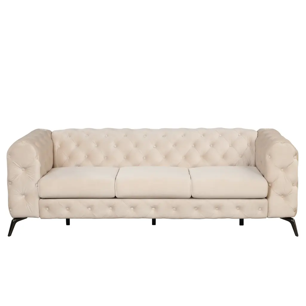 MAICOSY 85.5-Inch Sofa Bed Couch 3 Seater Velvet Upholstery Button Tufted Back and Metal Legs Beige