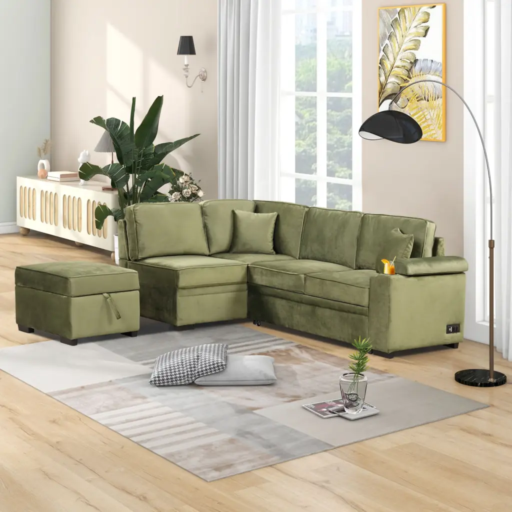87.4 Green Sleeper Sofa Bed L-Shape Storage Ottoman Small Spaces Miekor