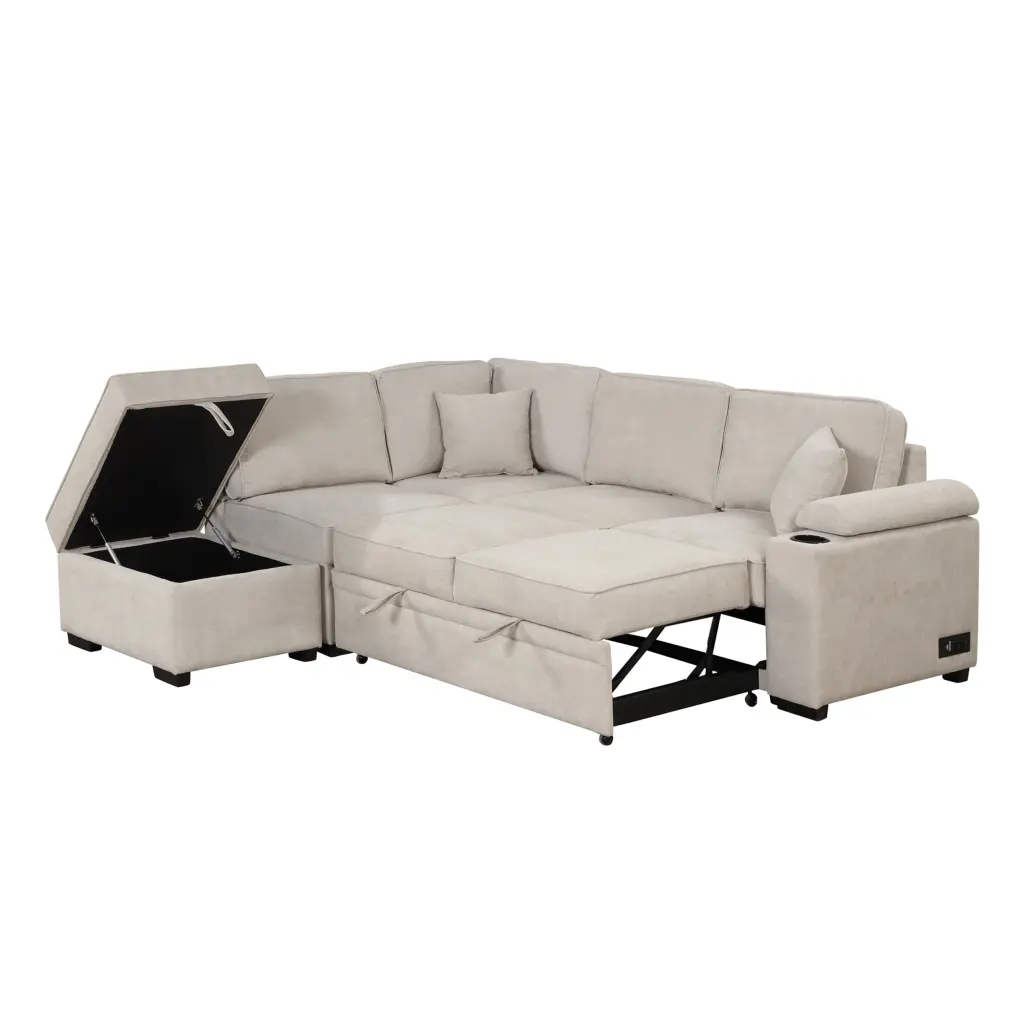 87.4 Sleeper Sofa Bed 2 1 Pull Out L Shape Couch Storage Ottoman Beige Apartment Furniture Miekor