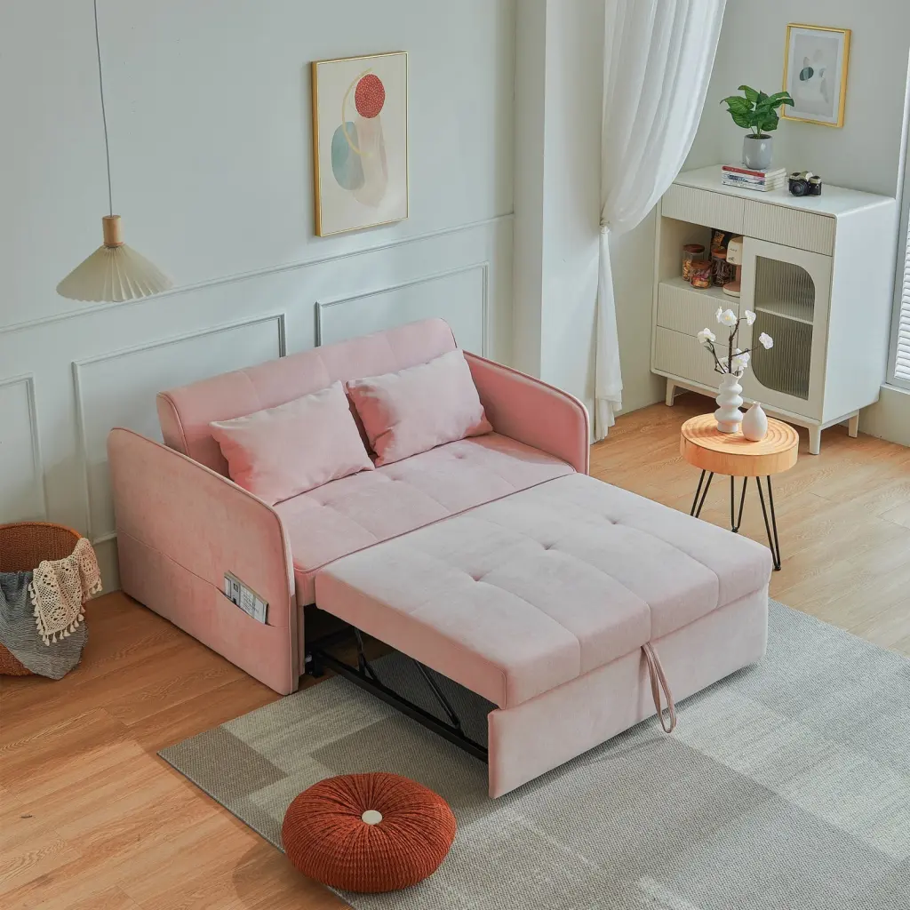 Miekor Furniture Chenille Fabric Pull Out Sofa Bed Loveseat Adjustable Armrests Pink