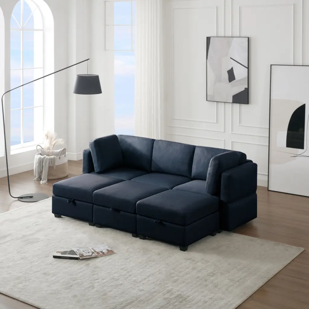 Miekor Furniture Modular Sectional Sofa Couch Bed Storage 6 Seater Blue