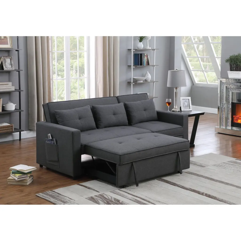 Miekor Furniture Zoey 79.75 Dark Gray Linen Convertible Sleeper Sofa Side Pocket B3A794