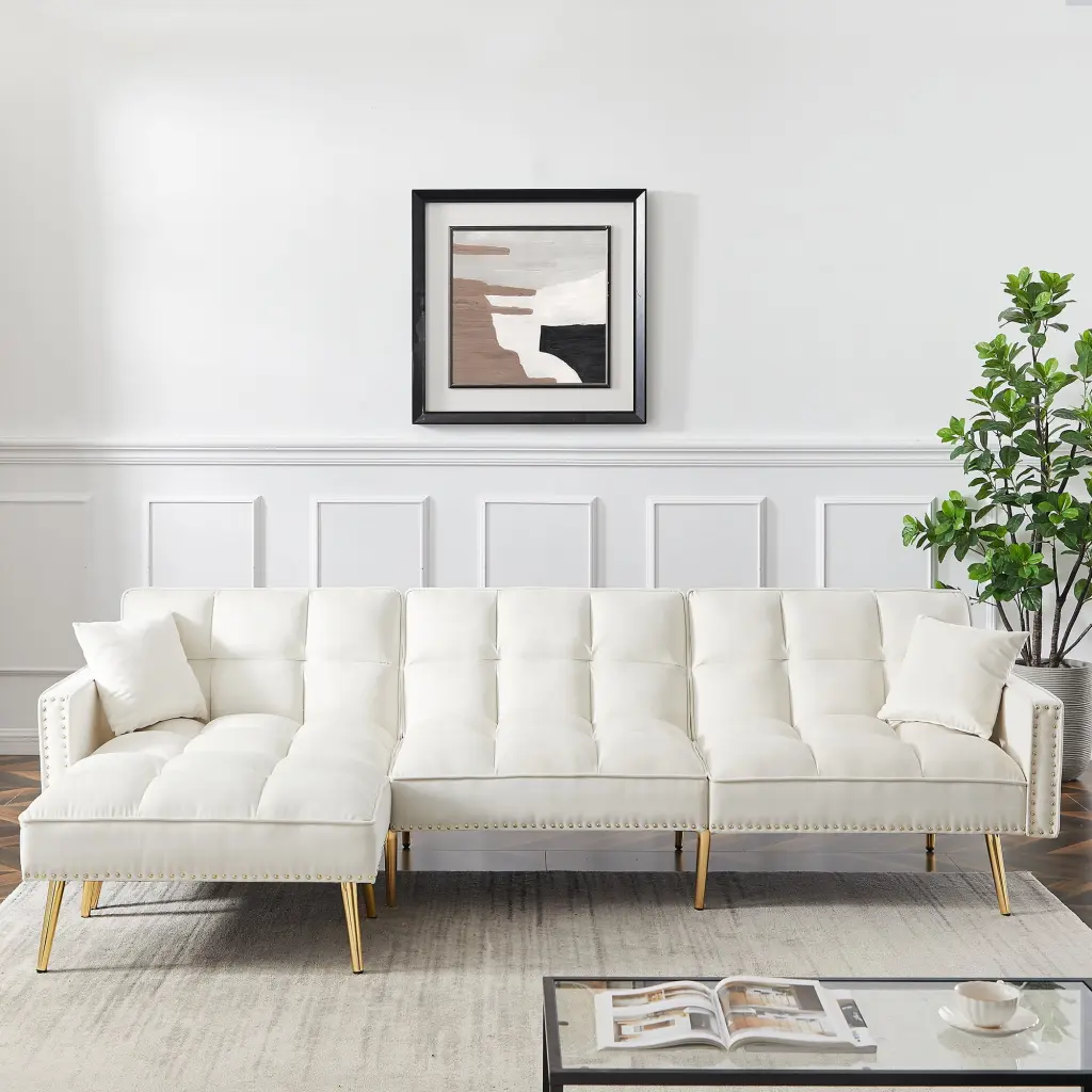 Modern Velvet Upholstered Reversible Sectional Sofa Bed Movable Ottoman Living Room Miekor