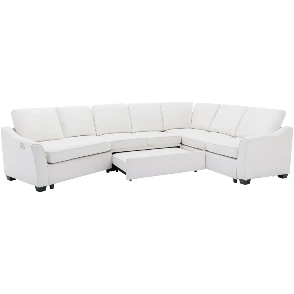 129.5 Sectional Sleeper Sofa Pull-Out Bed and USB Charging Port Beige Mikeor
