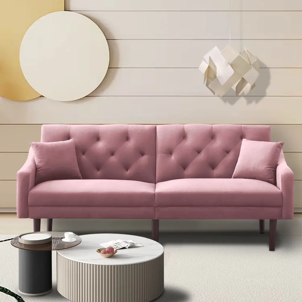 MOBICIA Velvet Futon Sofa Bed Pink 2 Pillows and 3 Inclined Angles