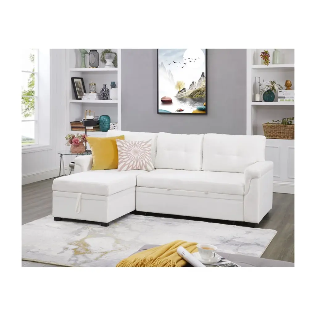 Naomi Home Reversible Sleeper Sectional Sofa Storage Chaise White Velvet