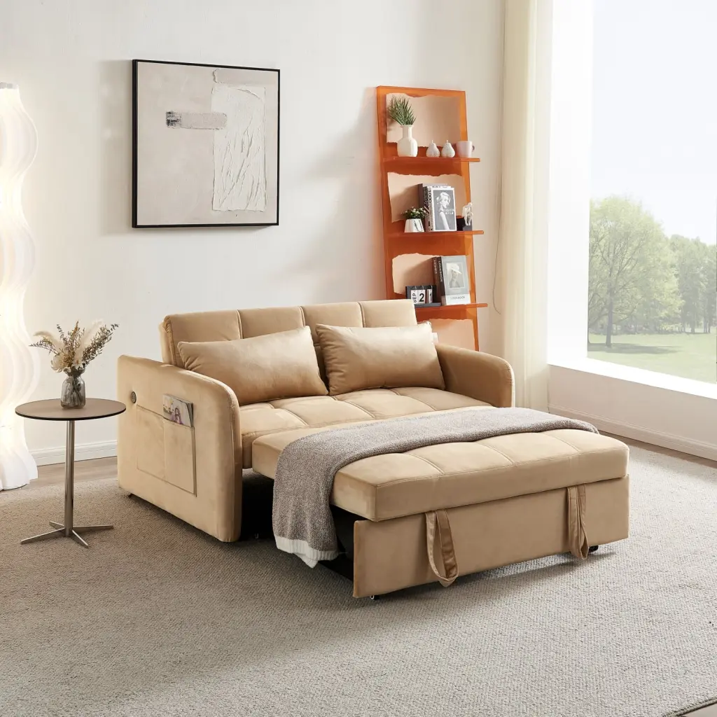 55.5 Inch Twins Pull Out Sofa Bed Khaki Velvet USB Charging Ponnky