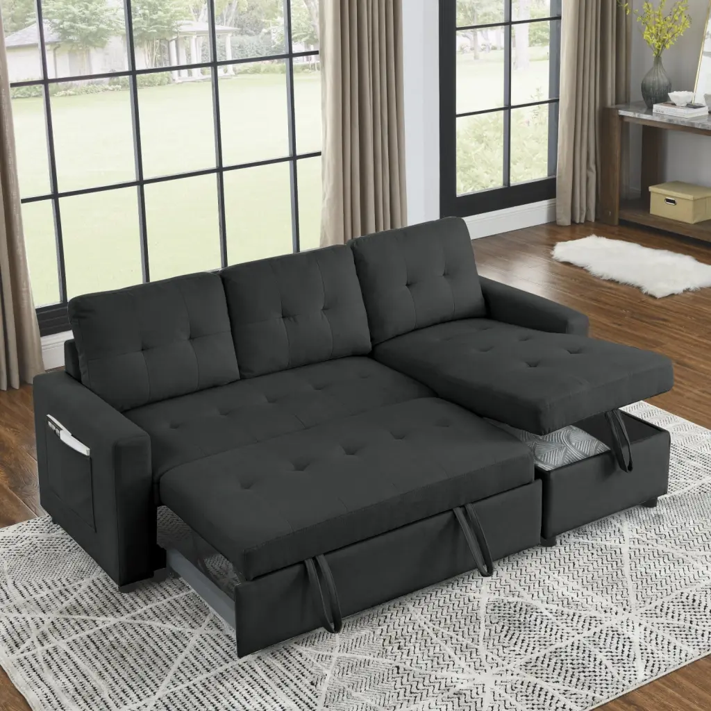 78.5 Sleeper Sofa Bed Reversible Sectional Couch Storage Chaise Black Fabric Ponnky