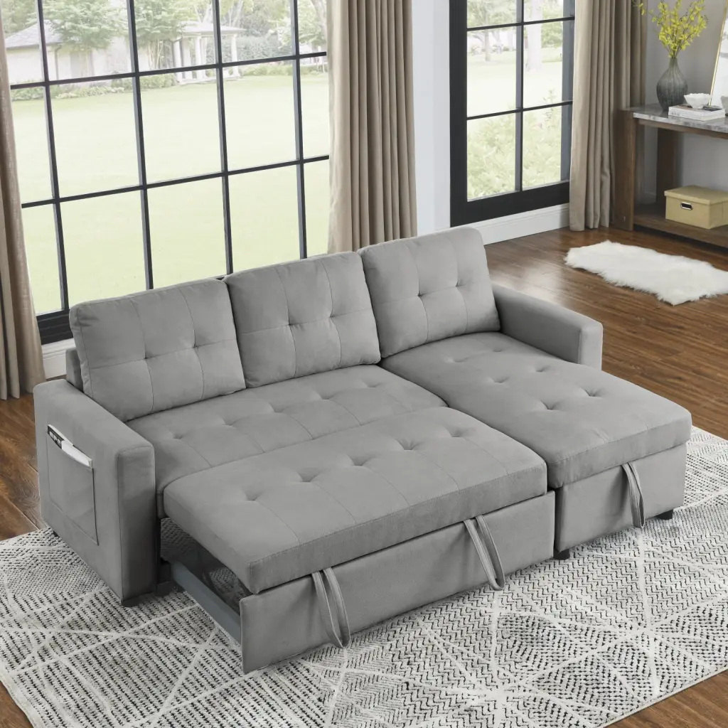 78.5 Sleeper Sofa Bed Reversible Sectional Couch Storage Chaise Grey Fabric Ponnky
