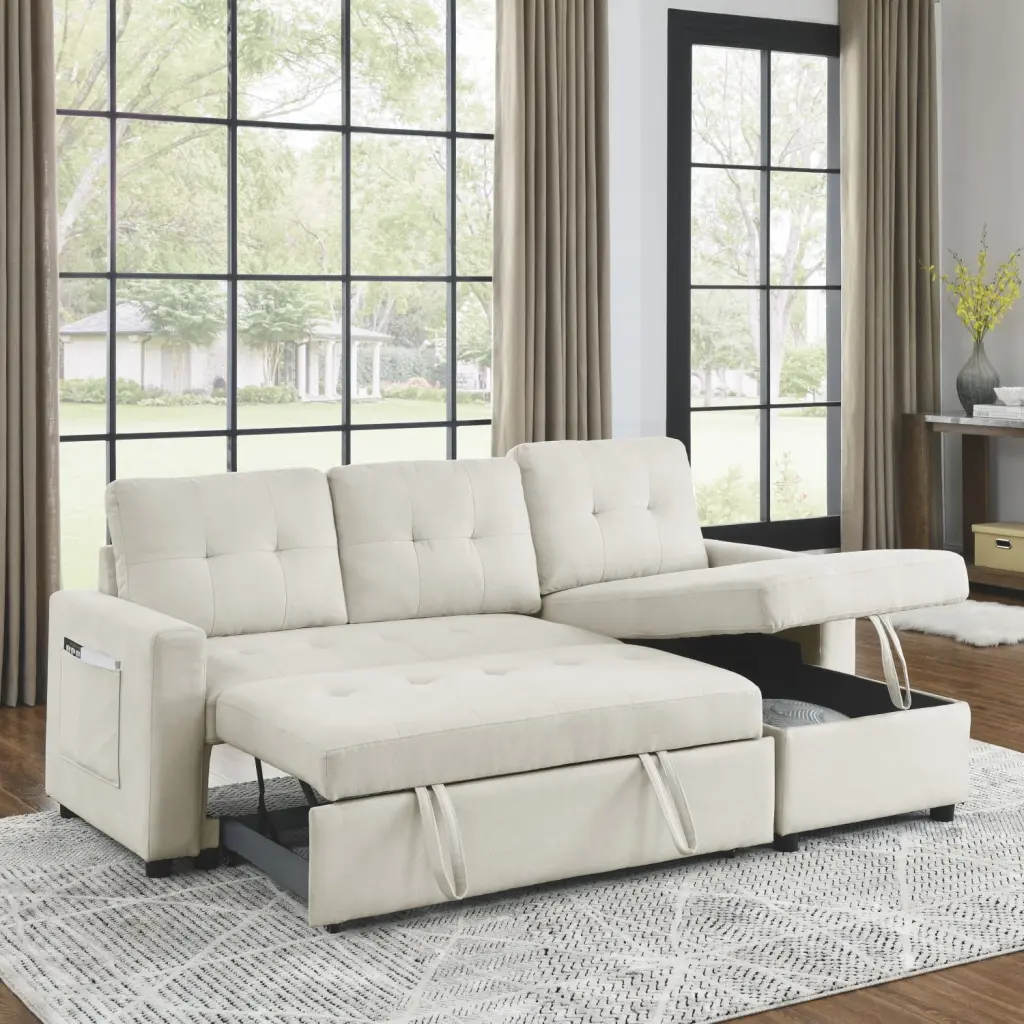 78.5 Sleeper Sofa Bed Reversible Sectional Couch and Storage Chaise - Beige Fabric Sofa Space-Saving Living Room Ponnky