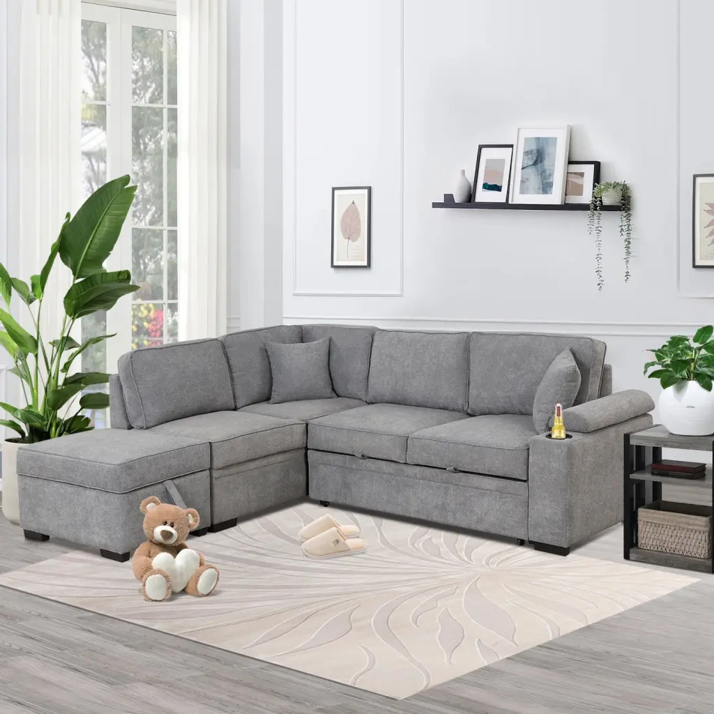 87.4-Inch Gray Sleeper Sofa Bed L-Shape Design and Storage Ottoman - Convertible Linen Couch Ponnky