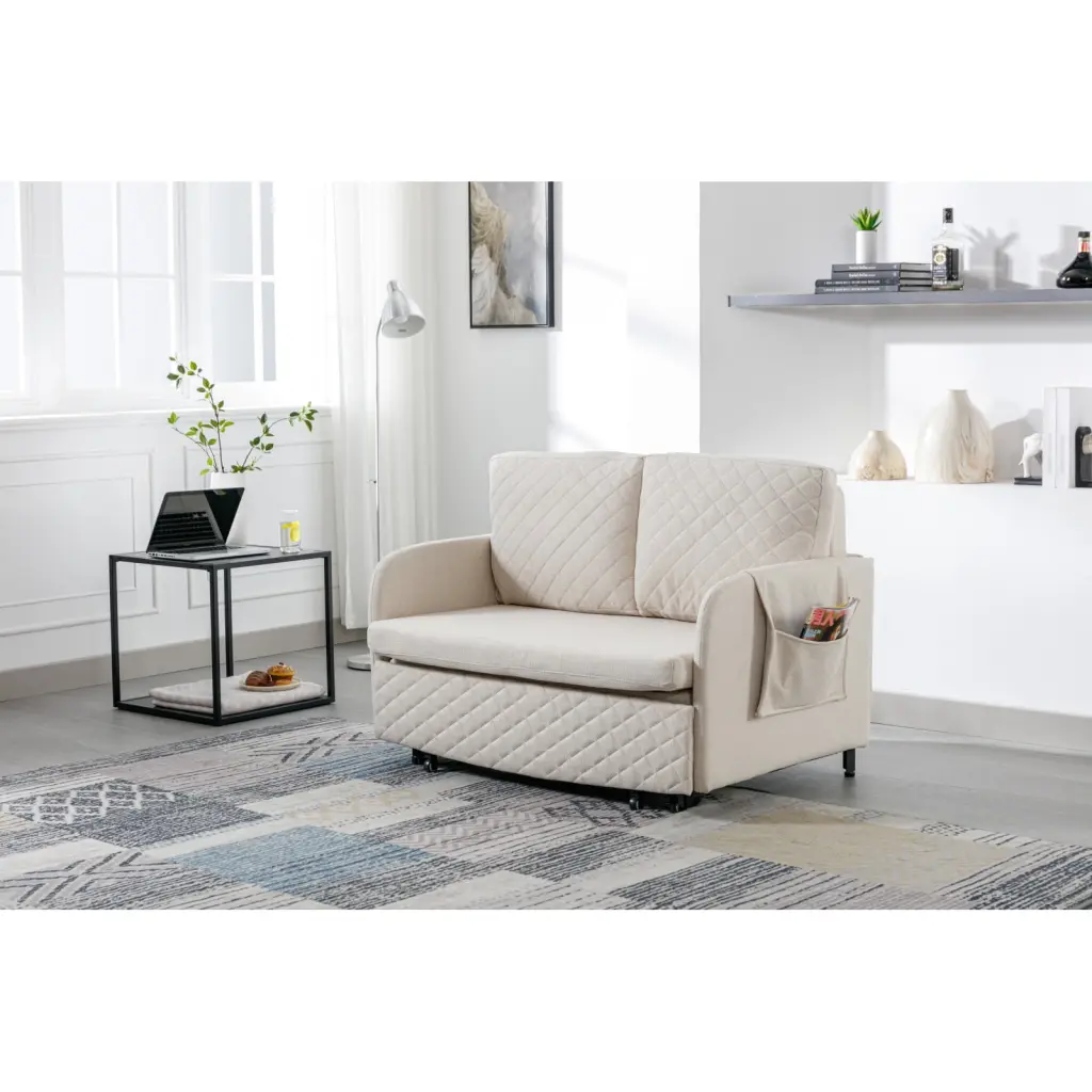 Beige Convertible Sleeper Sofa Bed Modern Velvet Pull-Out Loveseat Storage Pockets Ponnky