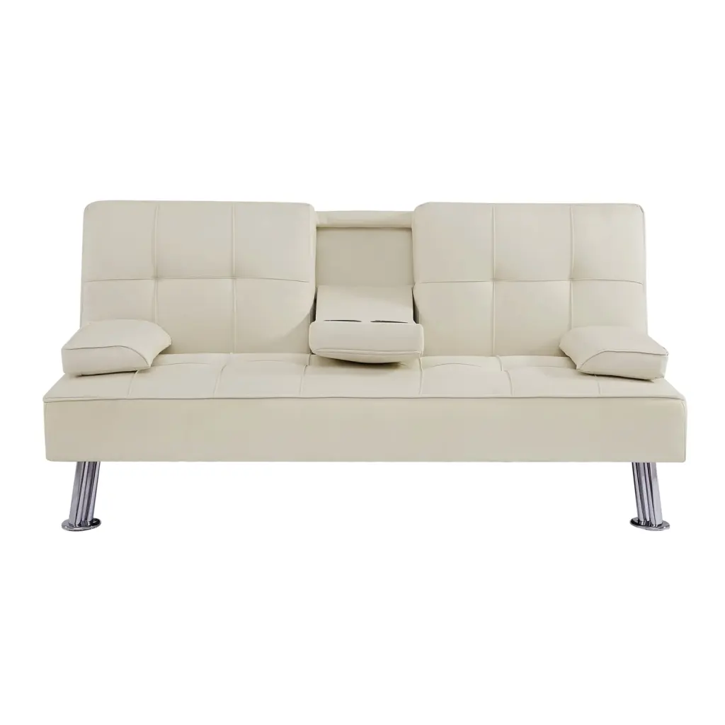 Beige Fabric Love Seat Sofa Bed Multi-Functional Convertible Couch Cup Holder Adjustable Back Ponnky