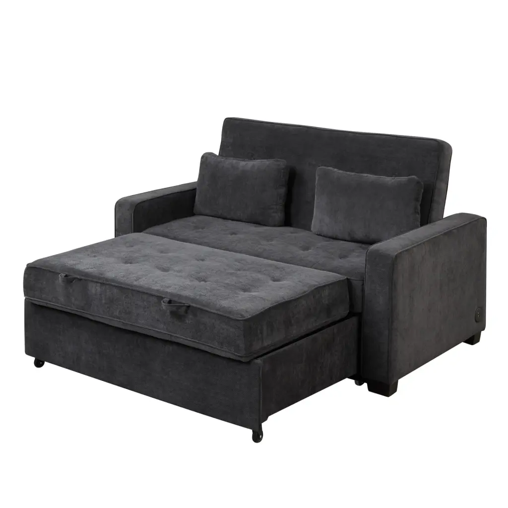 Black Velvet Sleeper Sofa Bed USB Ports and Adjustable Backrest Ponnky