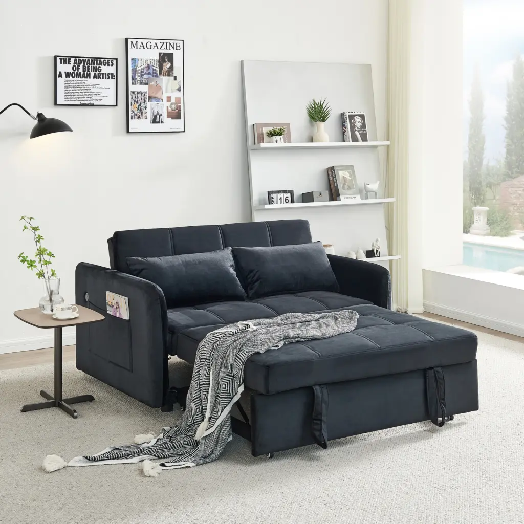 Black Velvet Twins Pull Out Sofa Bed Built- USB and Comfortable Foam Padding Ponnky