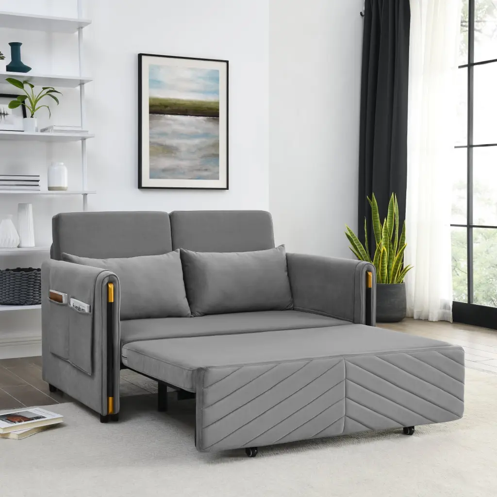 54 Inch Modern Velvet Convertible Sofa Bed Detachable Arm Pockets - Grey Ponnky