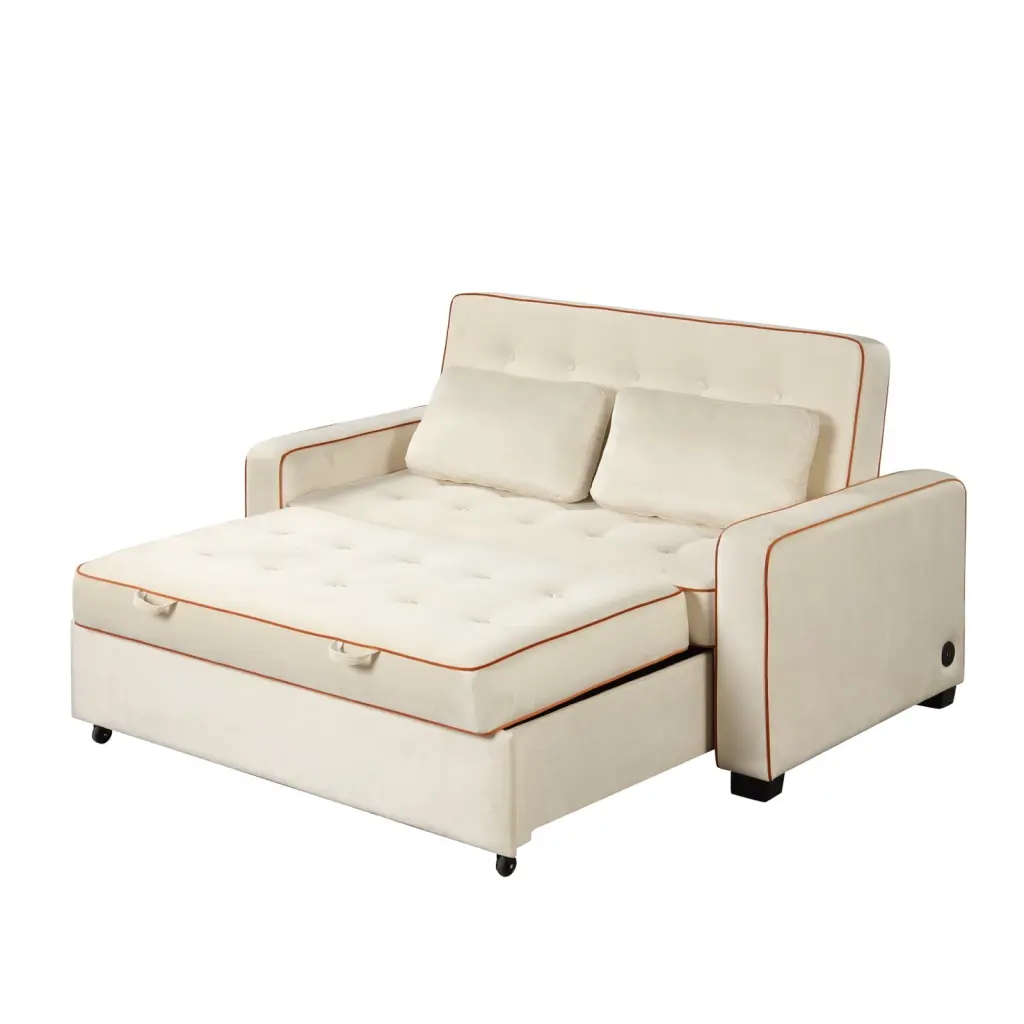 Luxurious Light Beige Velvet Sleeper Sofa Bed USB Ports and Pillows Ponnky