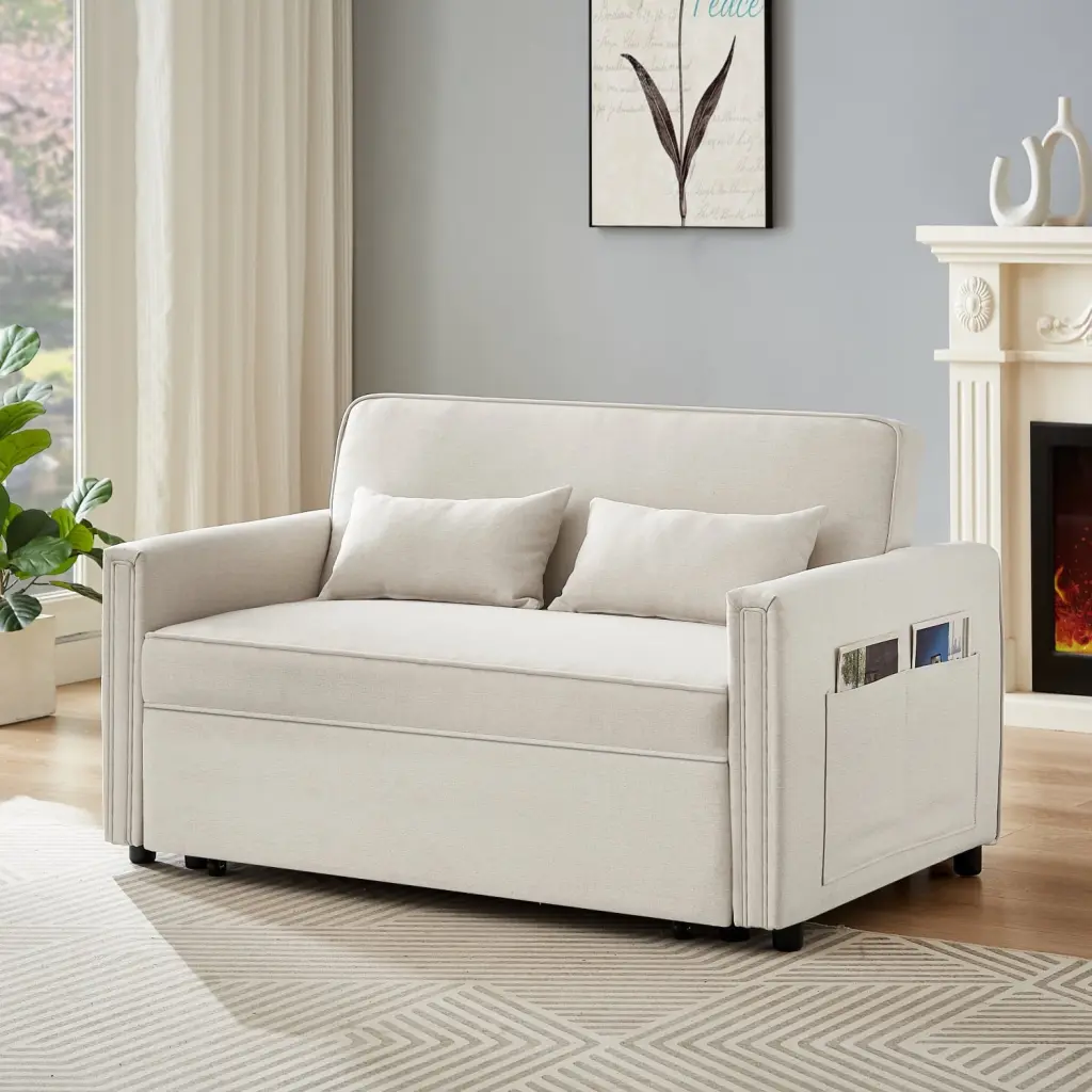 Modern Ivory Linen Convertible Loveseat Sofa Bed Adjustable Backrest - 2 Seater Pull Out Sleeper Ponnky