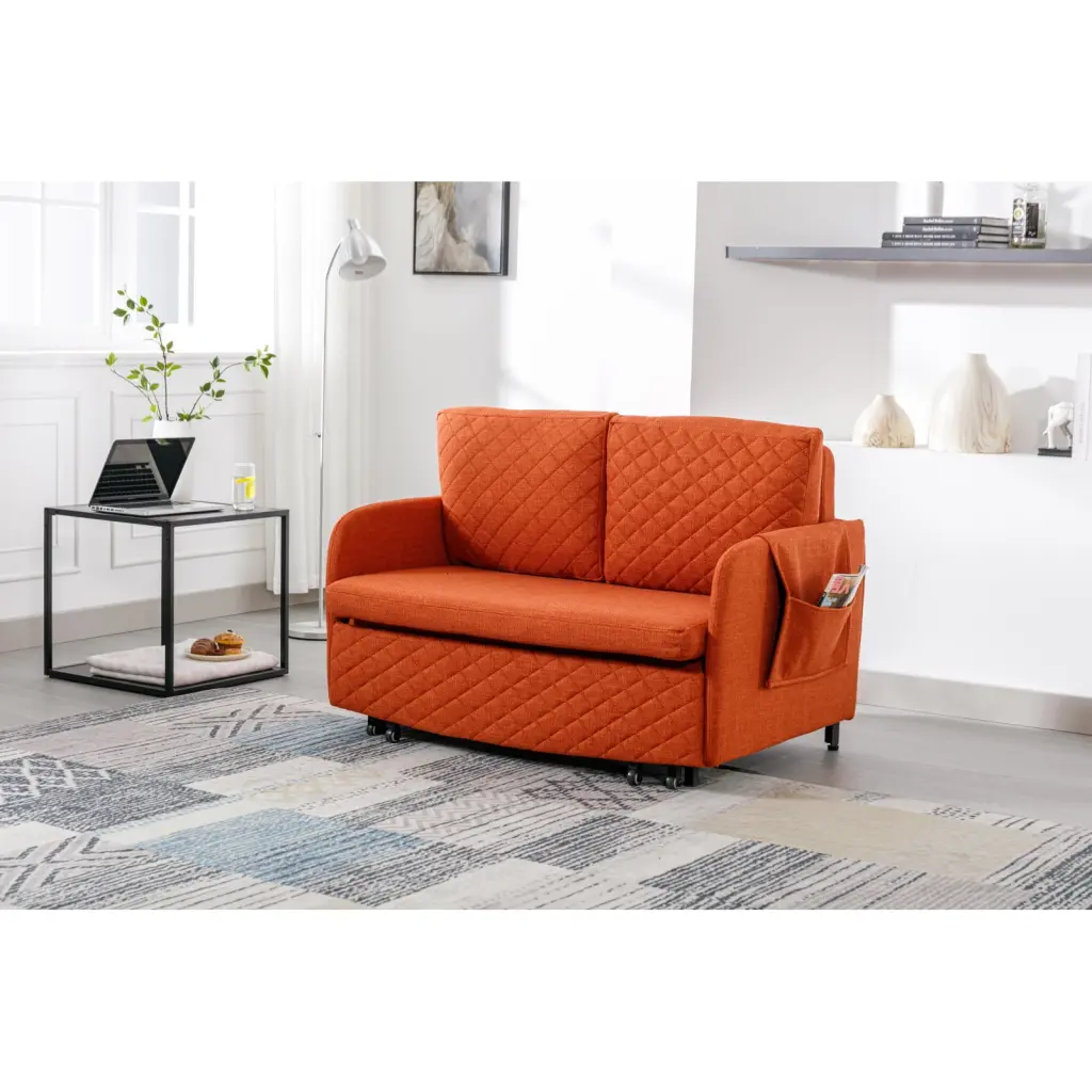 Orange Convertible Sleeper Sofa Bed Modern Velvet Loveseat Pull Out Bed Compact Futon Ponnky