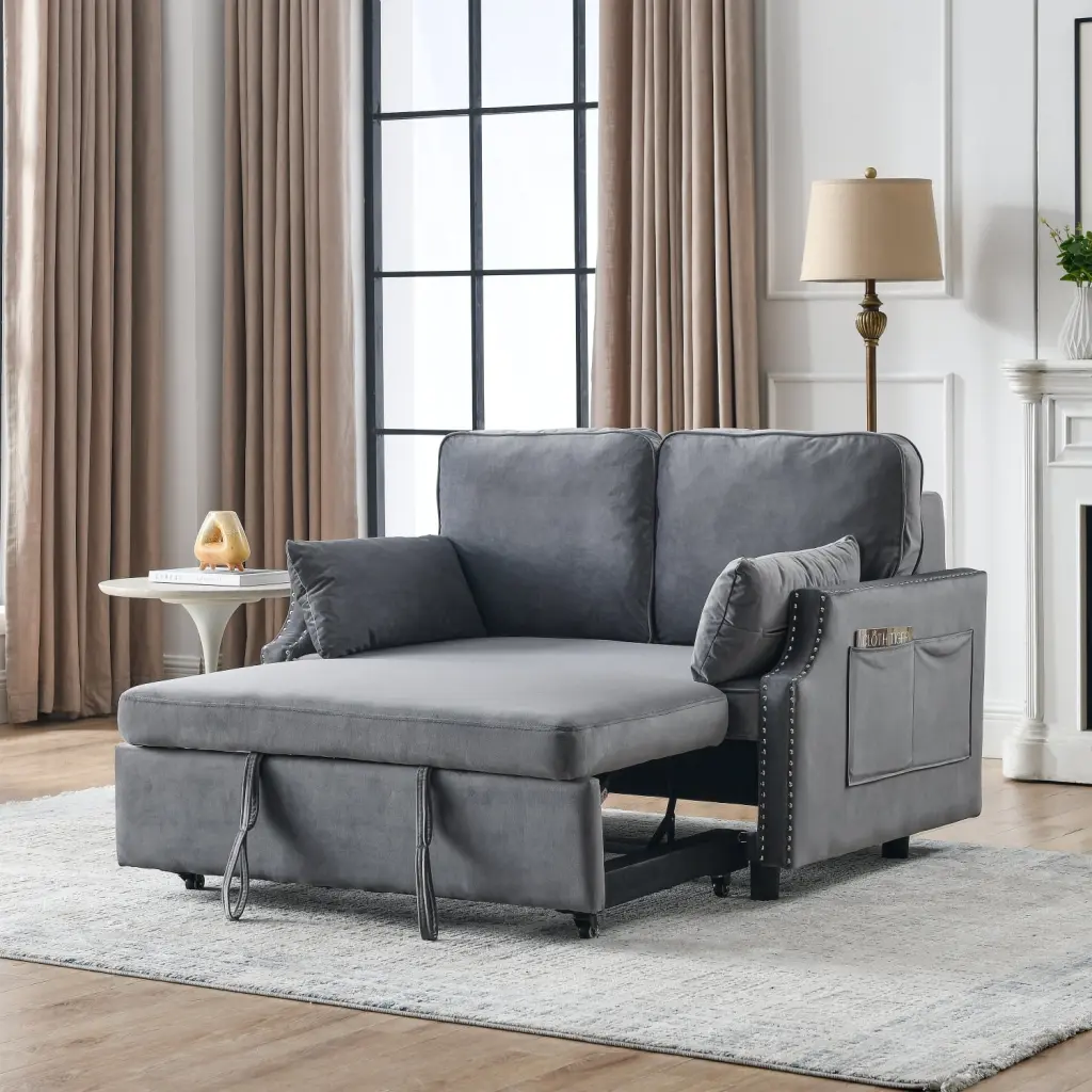 50 Velvet Upholstered Sleeper Sofa Bed Side Storage Pockets Nailhead Design 2-Seater Sofa 2 Pillows Ponnky