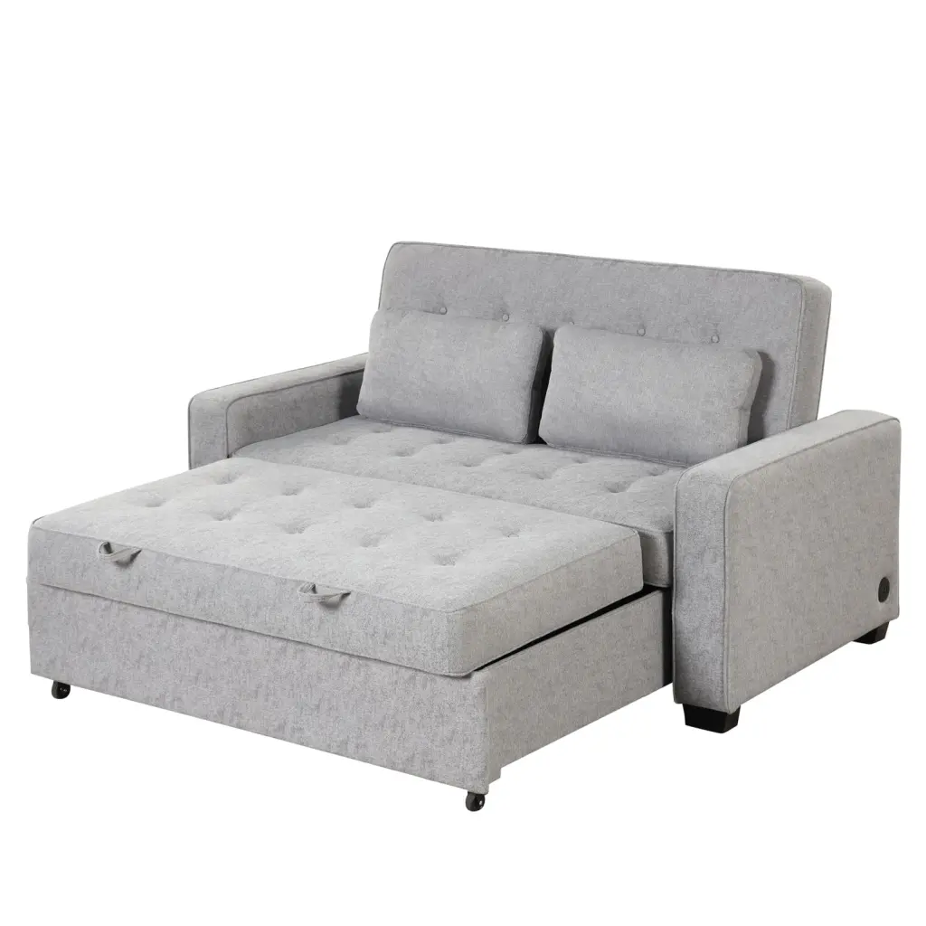 Versatile Gray Linen 65.7 Sleeper Sofa Bed Pull-Out Function and Dual USB Charging Ports - Includes Two Throw Pillows Ponnky