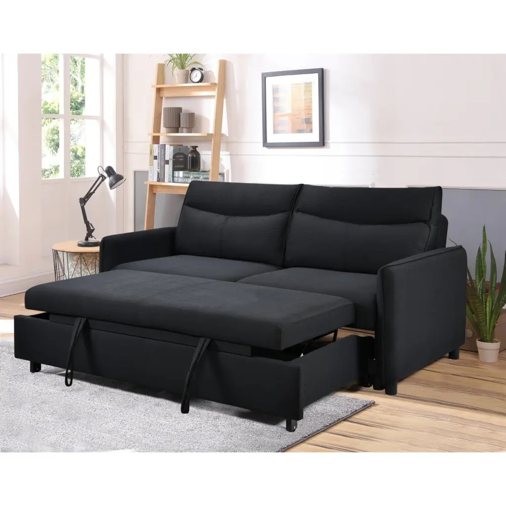 3--1 Black Convertible Sleeper Sofa Bed Modern Fabric Loveseat Futon Pullout Bed SNAILF