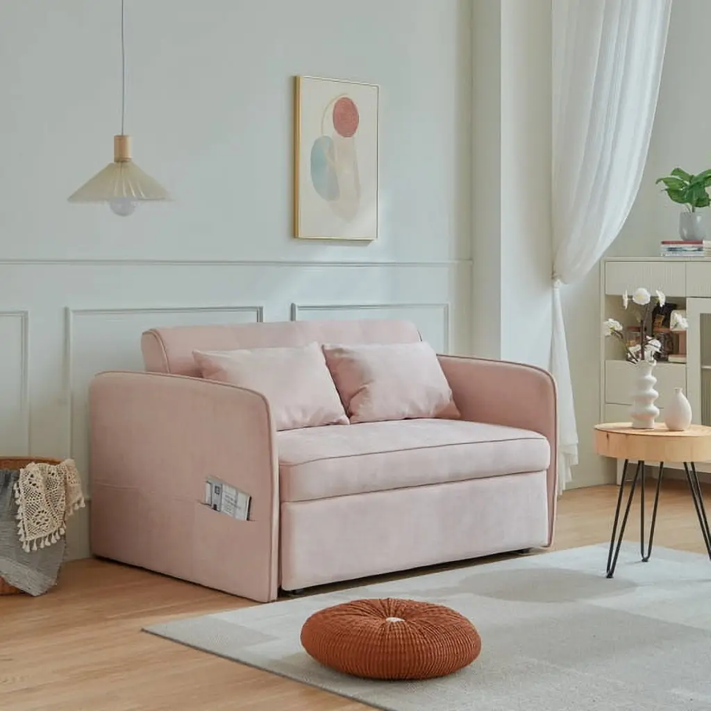 Chenille Fabric Pull Out Sofa Bed Sleeper Loveseat Couch Adjustable Armrests Pink SY
