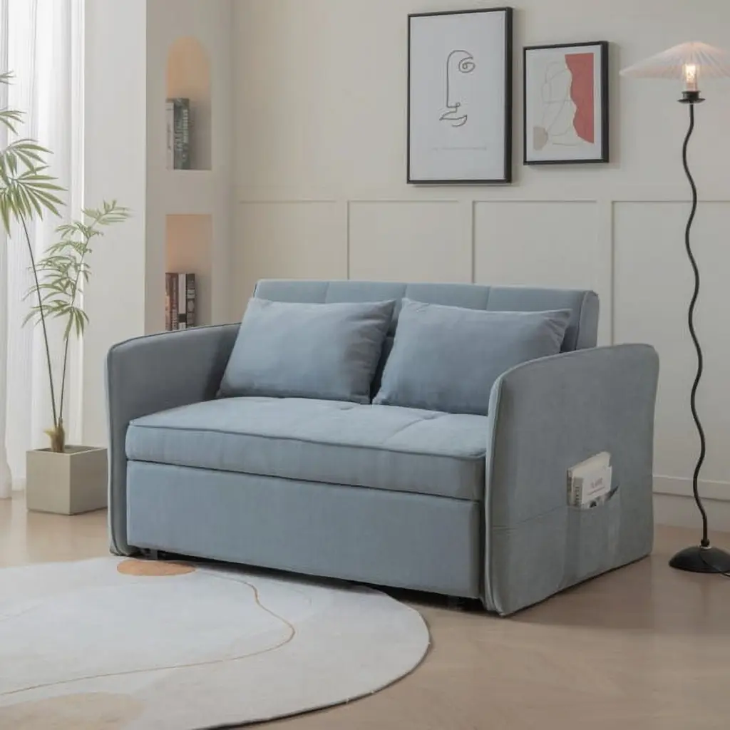 Chenille Fabric Pull Out Sofa Bed Sleeper Loveseat Couch Adjustable Armrests Grey SY
