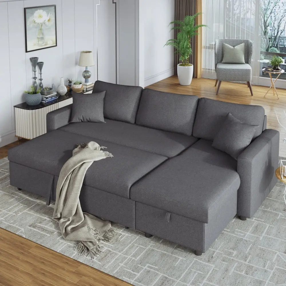Upholstery Sleeper Sectional Sofa Twin Pull-Out Bed Storage Space and Tossing Cushions Mid-Century Modern Sofa Bed Small S...