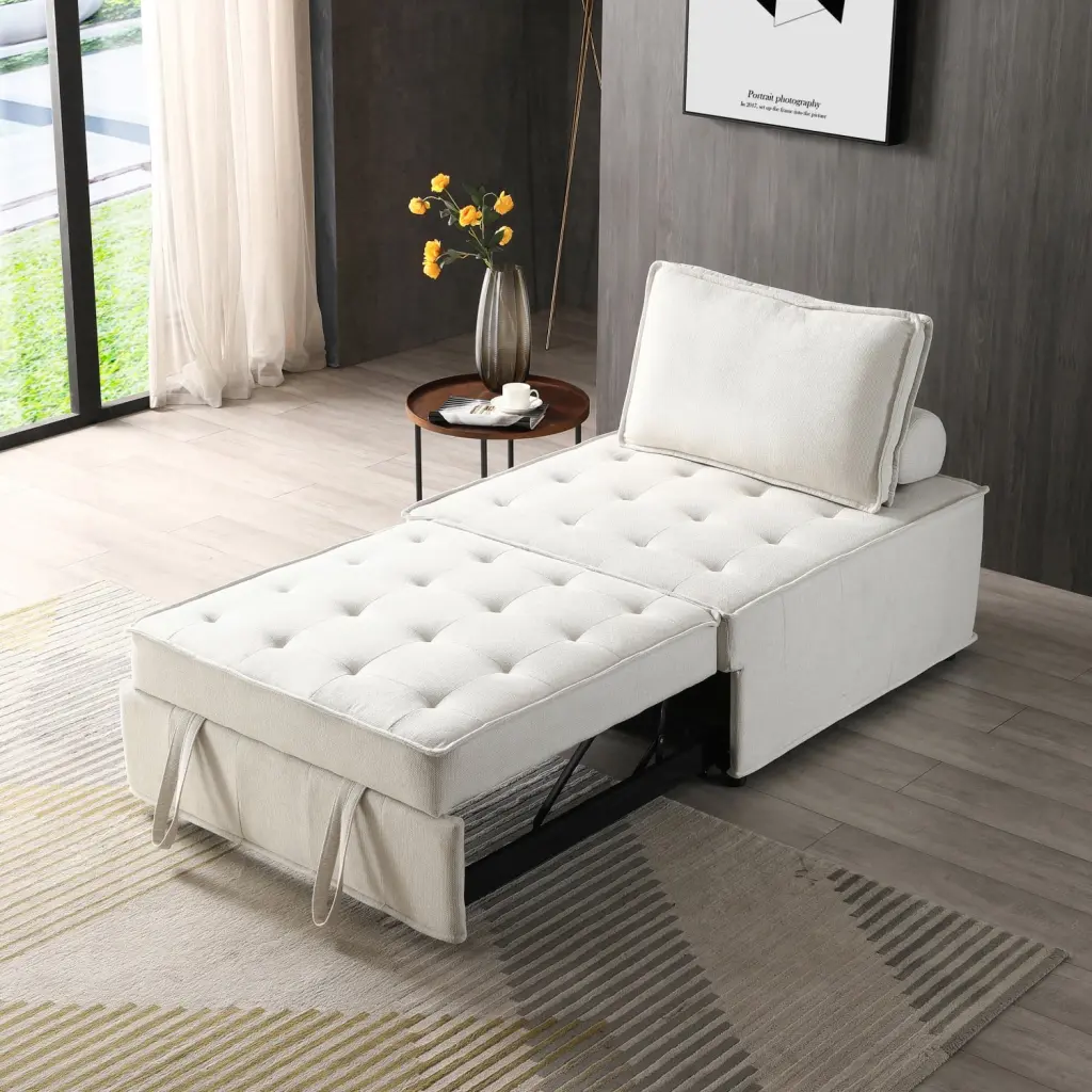 Beige Linen Convertible Ottoman Sofa Bed Wood Frame - Lounge Chair to Single Bed Modern Living Wodine