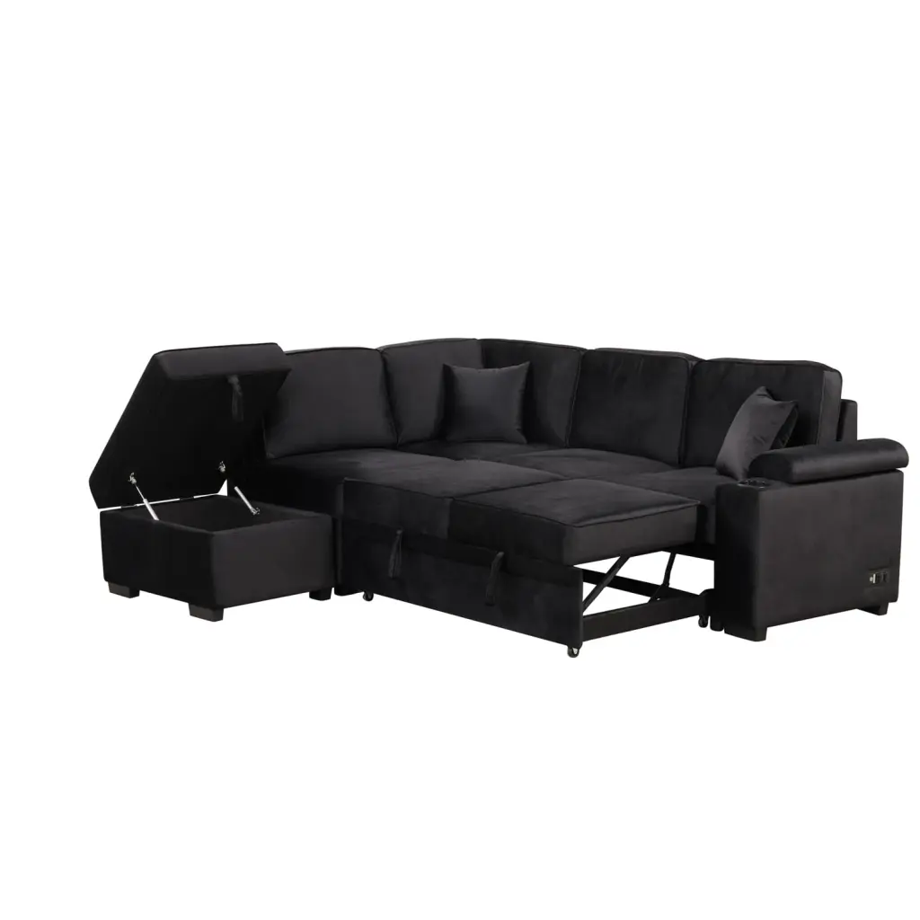 Chic Black Sleeper Sofa Bed L-Shape 2--1 Pull Out Couch Storage Ottoman Wodine