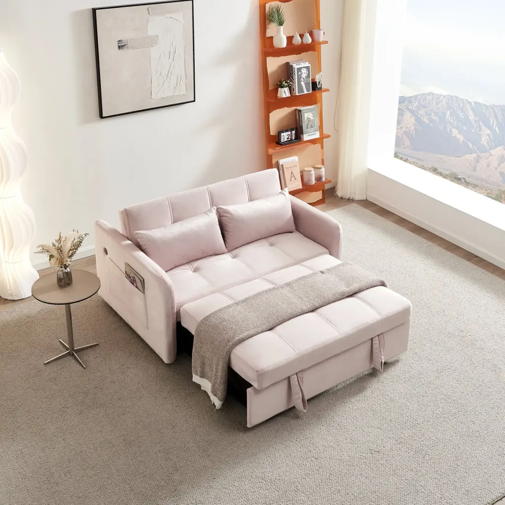Chic Pink Velvet Twins Pull Out Sofa Bed USB Port Stylish Interiors Wodine