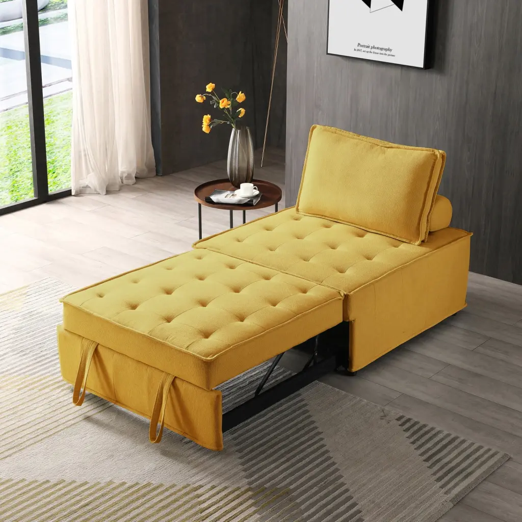 Vibrant Yellow Linen Convertible Ottoman Sofa Bed - Solid Wood Frame Lounge Chair or Single Bed Wodine