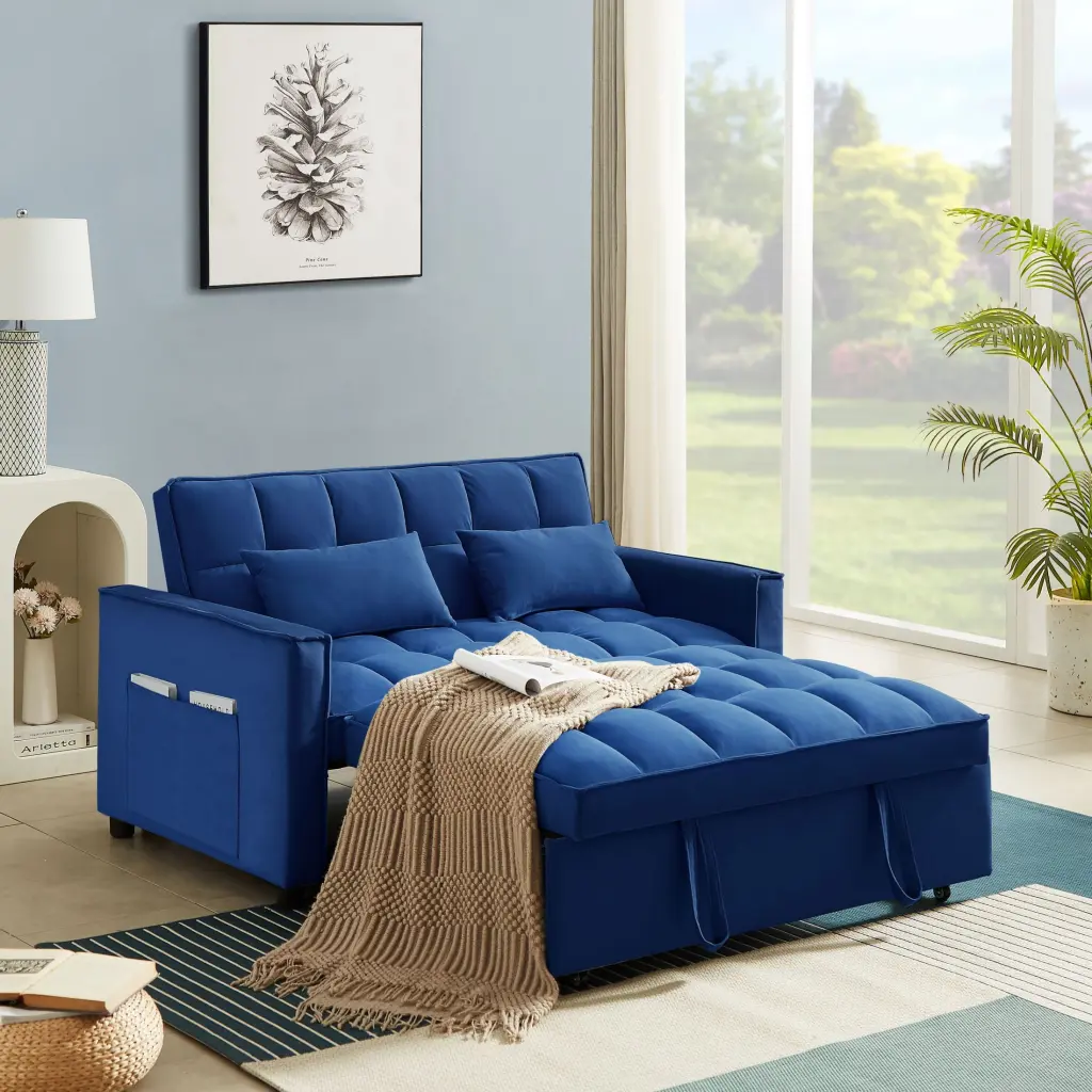Zechuan Convertible Sofa Bed Pull Out Bed - 55 Tufted Velvet Loveseat Sleeper Sofa Blue