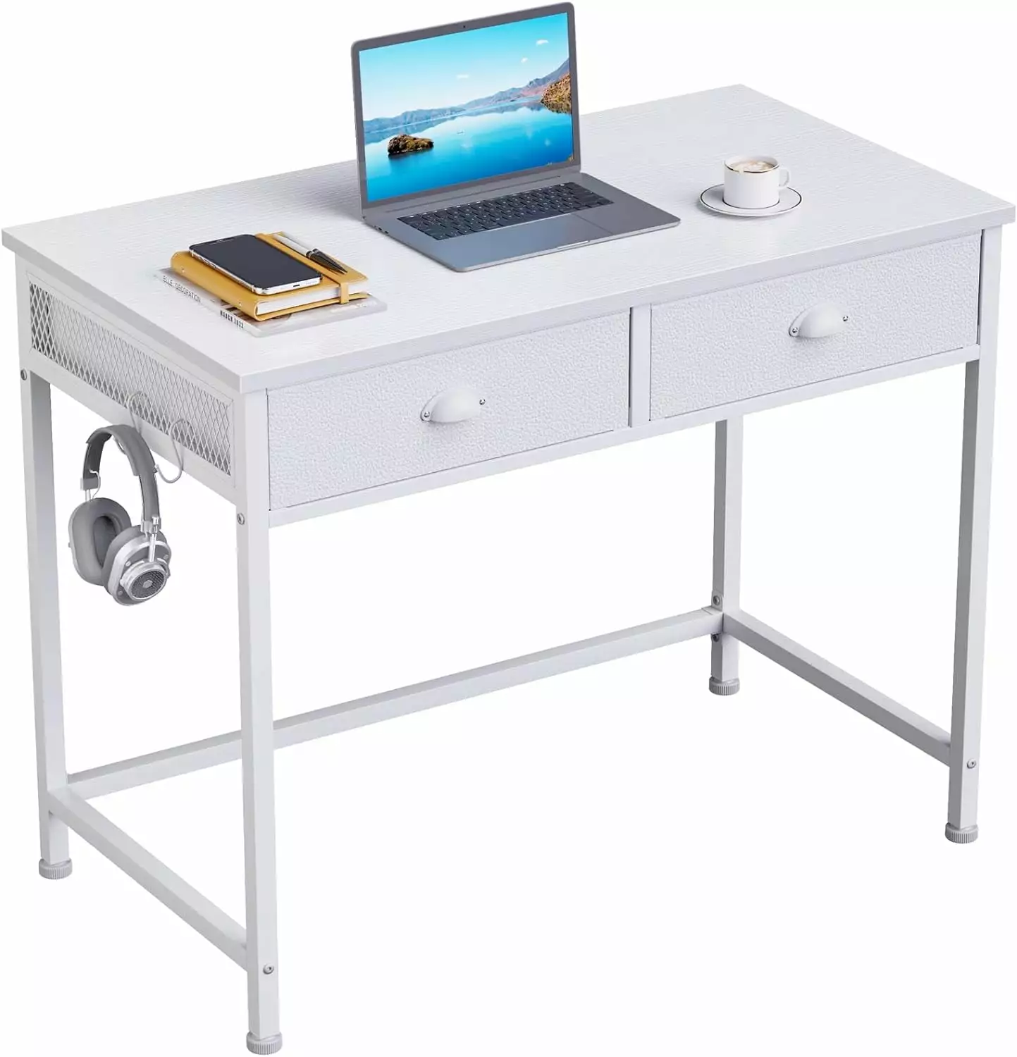 White Small Computer Desk 2 Fabric Drawers 36 Inch Simple Home Office Writing Desk A&A Manufacturing