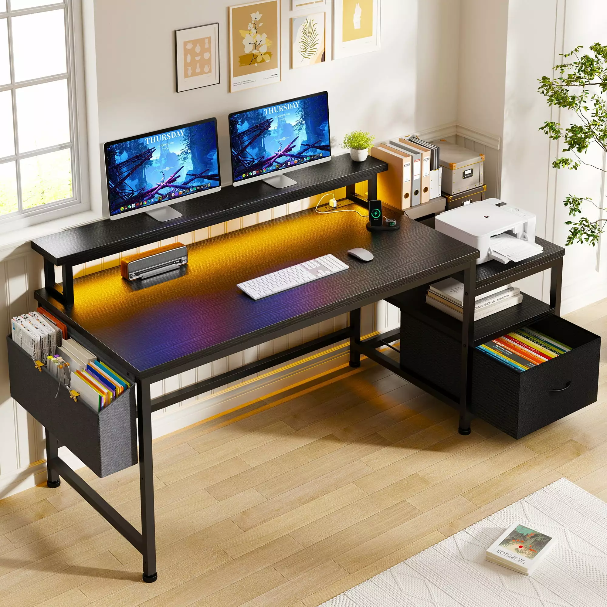 EnHomee Small Desk Power Outlets Modern Computer Desk Drawers