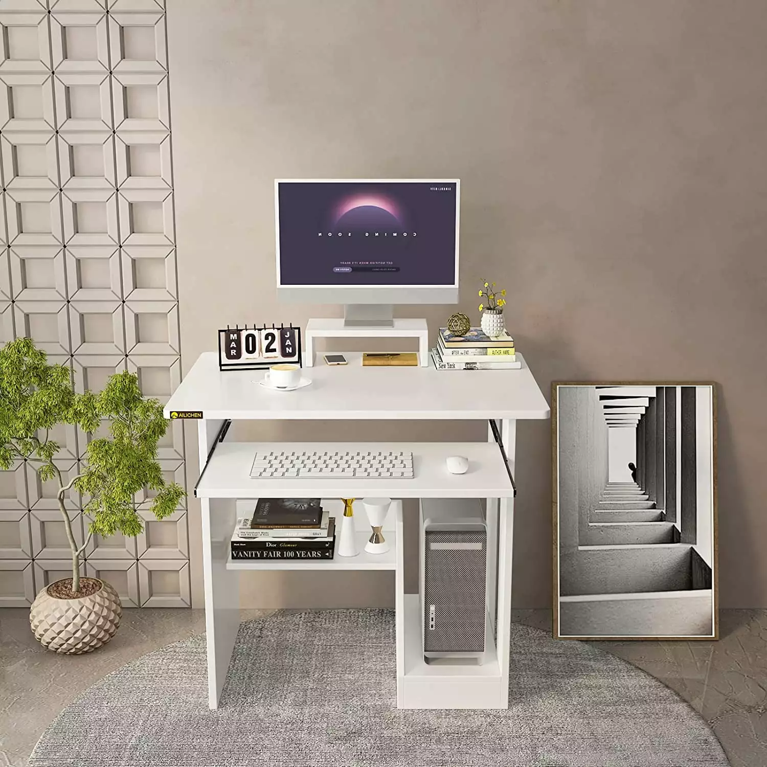 30 Inch Small Computer Desk Keyboard Tray and CPU Stand Home Office - White