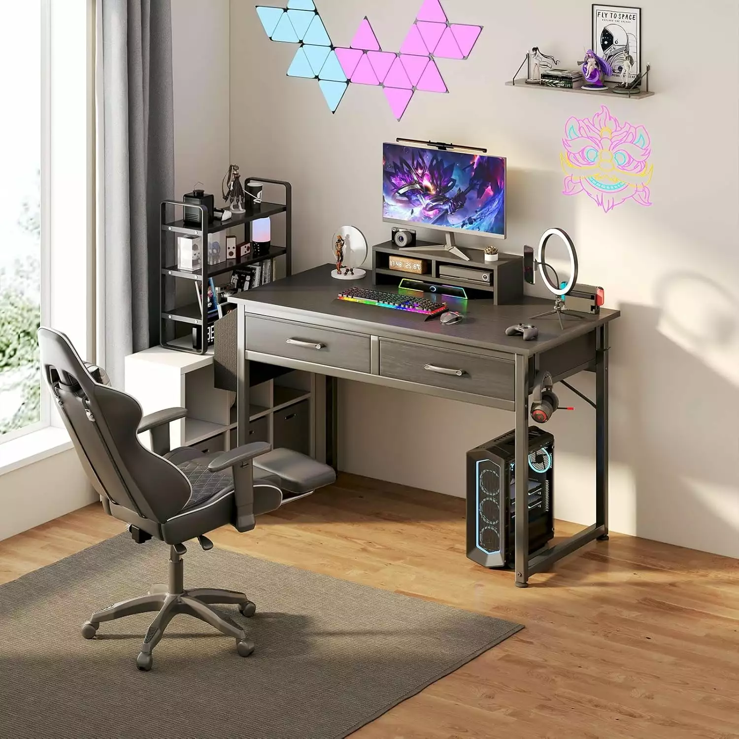 Computer Desk Fabric Drawers 40 Inch Small Gaming Desk Home Office Bedroom Black kk