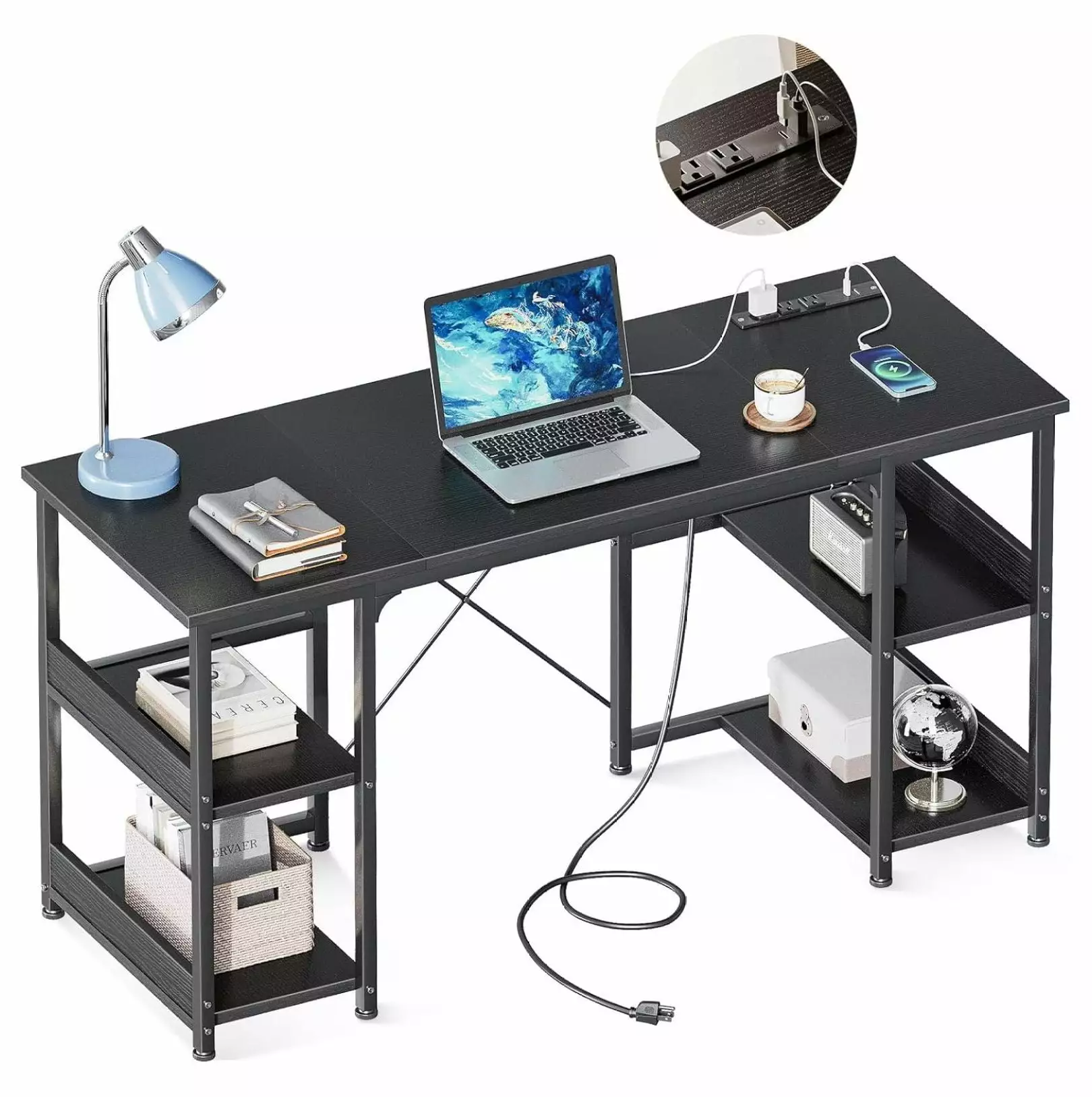 ZeloraGildan Small Computer Desk Power Outlets Type-C Storage Shelves Home Office Black