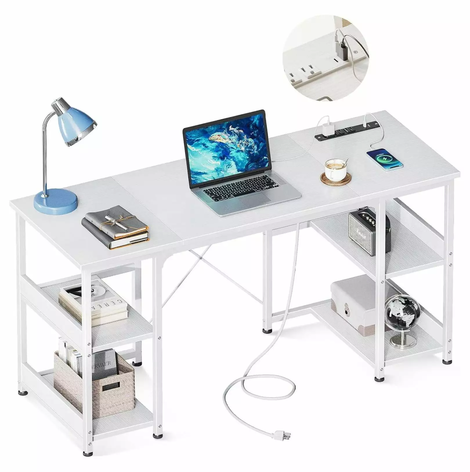ZeloraGildan Small Computer Desk Power Outlets USB Charging Port Storage Shelves Home Office White