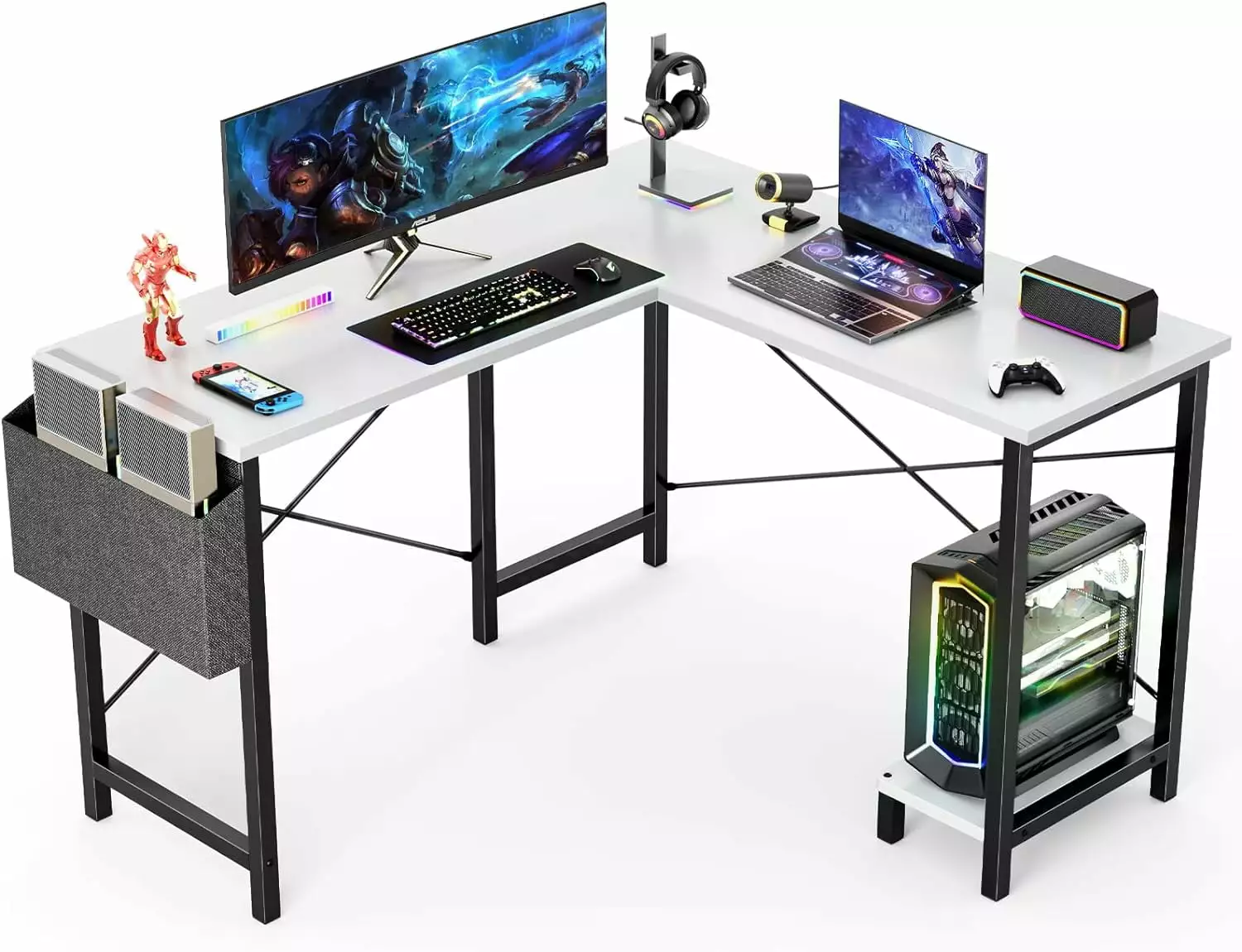 50 Inch Wood Computer Desk PC Gaming Table Side Storage Bag Home Office Small Spaces White A&A Manufacturing