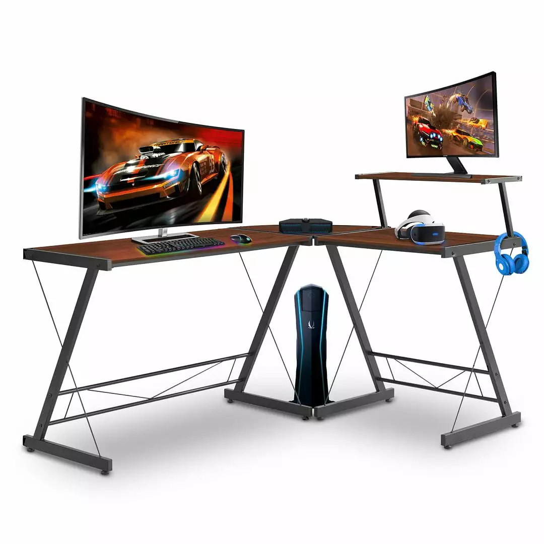 Halter L Shaped Gaming Desk Small Spaces Brown 59 D 29 H