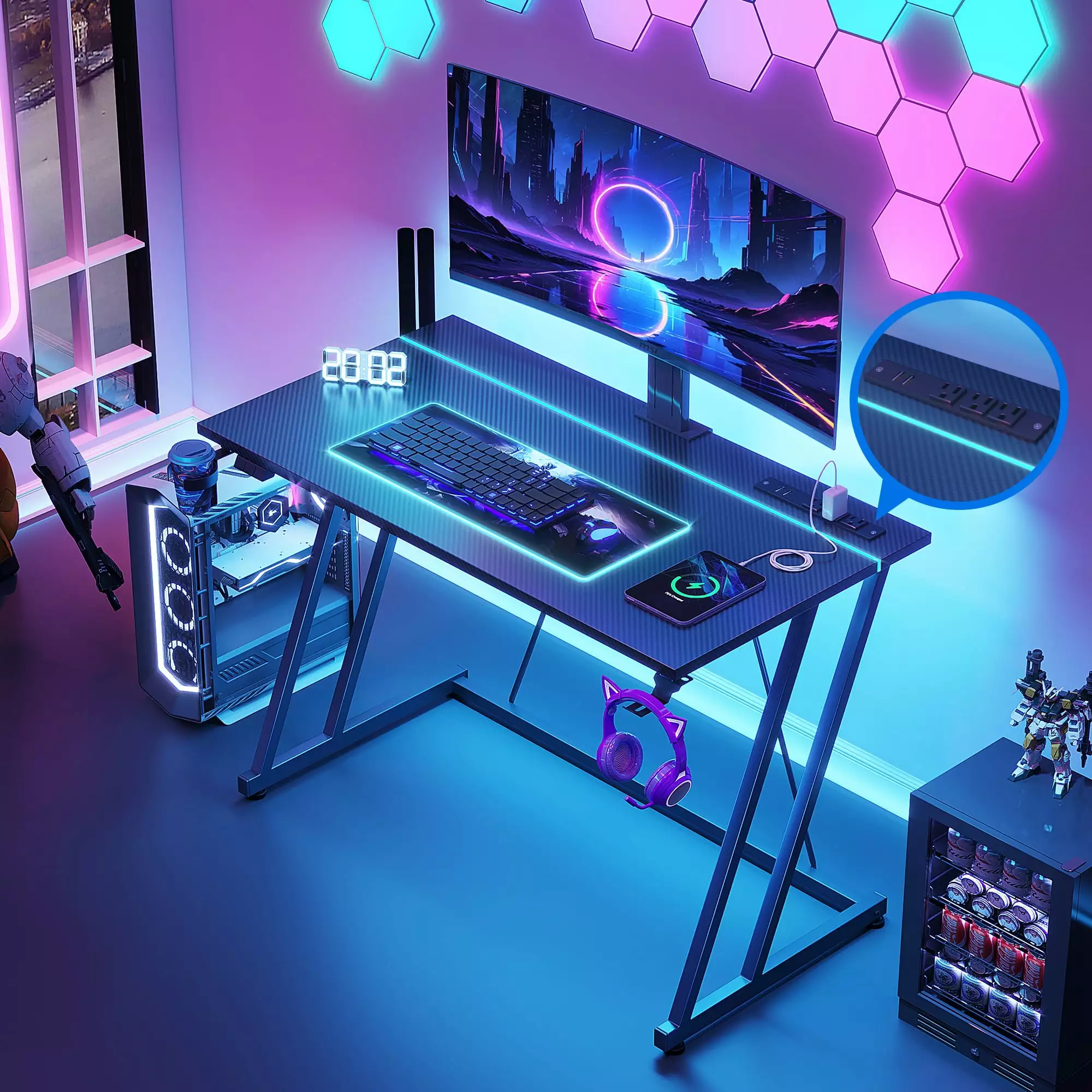 31.5 Inch KKL Small Gaming Desk LED Lights Power Outlet Computer Desk Black Carbon Fiber Texture Small Space