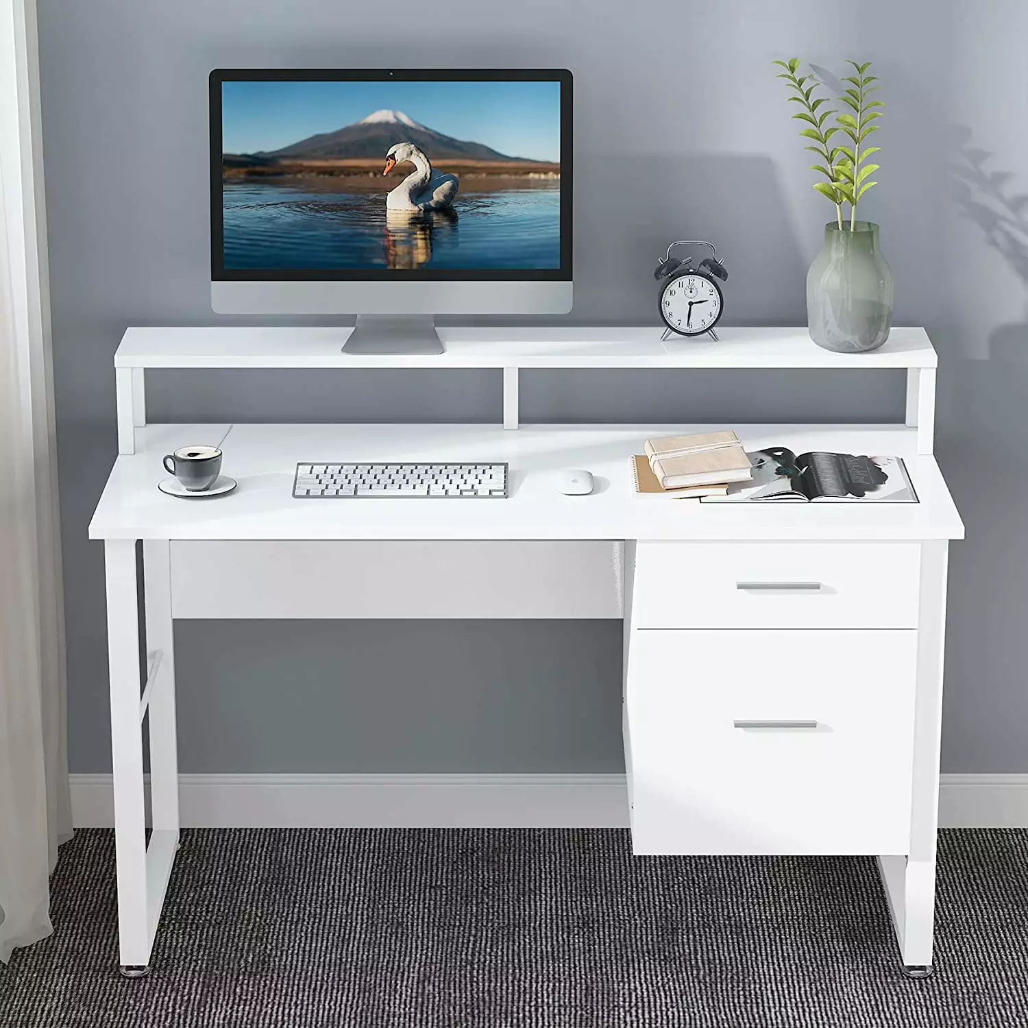 47 Inch Small Computer Desk Drawers Home Office Study Writing Table Modern Simple PC Desk White Tribesigns
