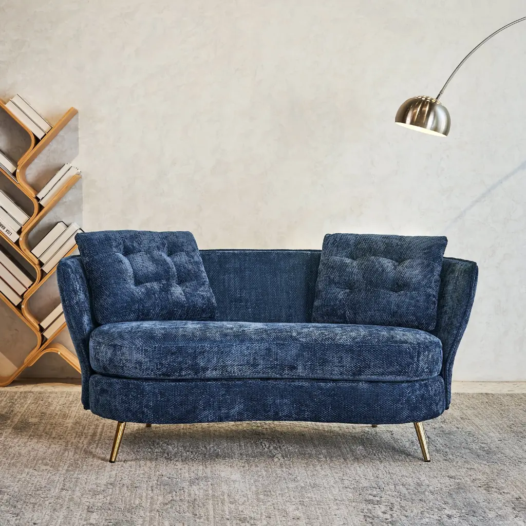 DeeHome Polyester Fiber Loveseat Sofa Golden Metal Legs Blue Small Spaces
