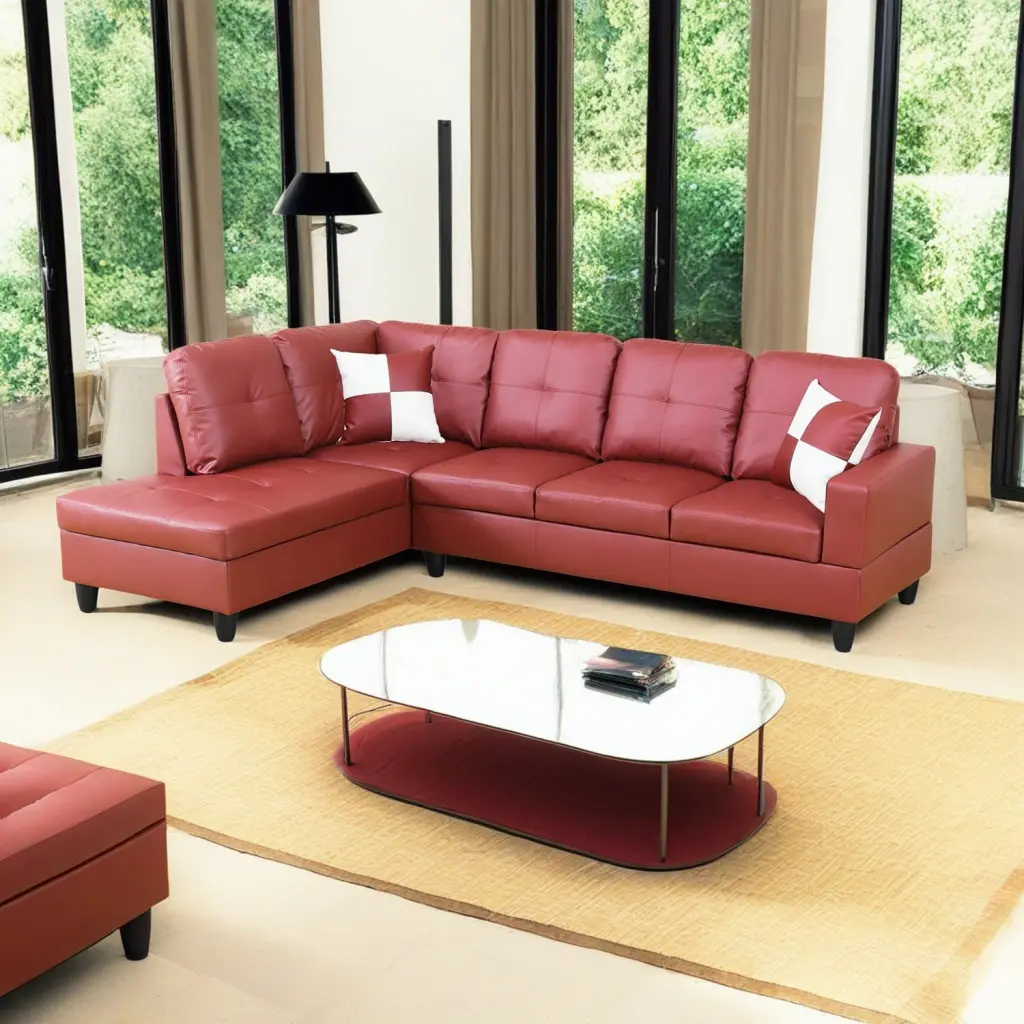 Hommoo Red Faux Leather L Shaped Sectional Sofa 17.5 Back Height Small Spaces