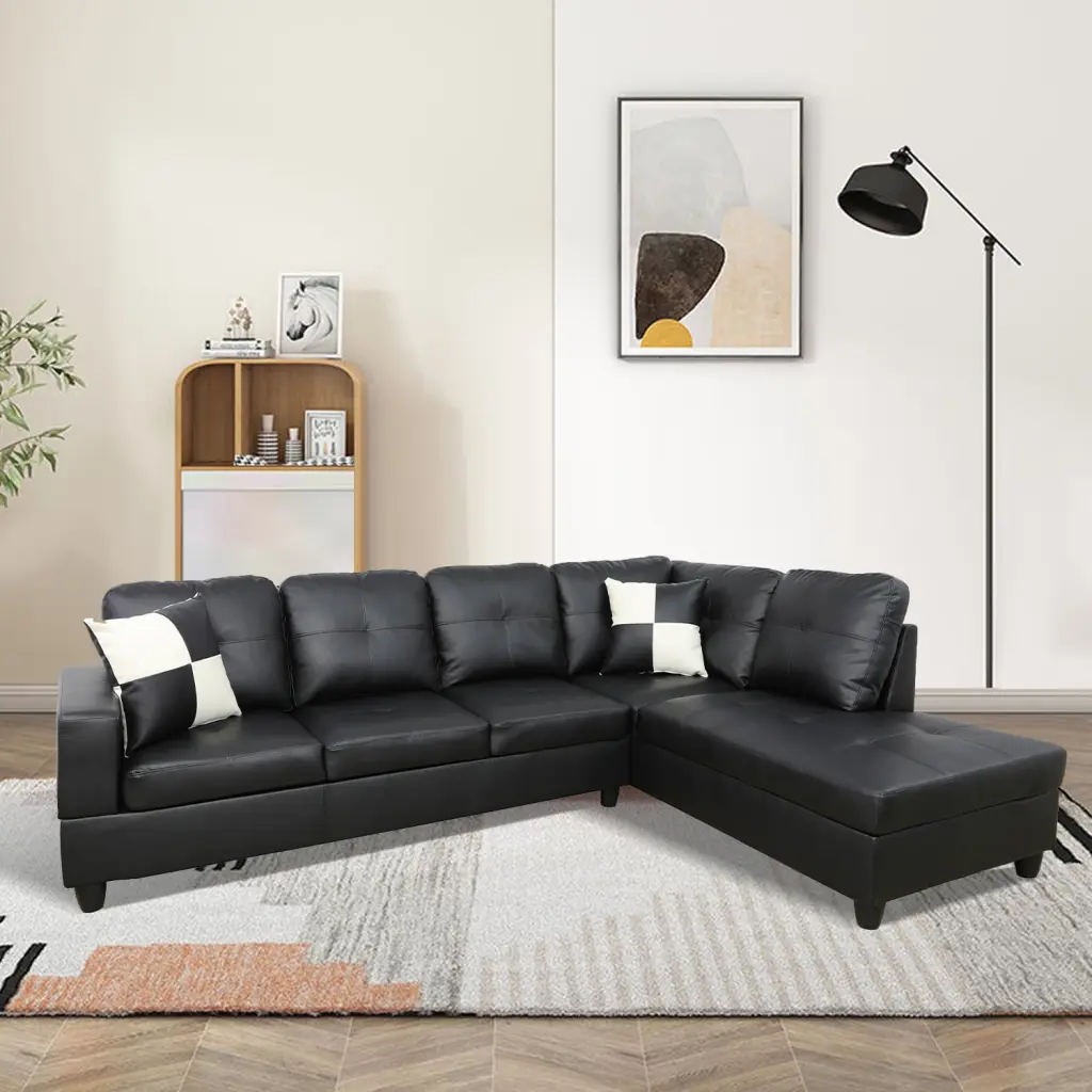 Hommoo Semi PU Leather L Shaped Sectional Sofa Small Space Living Room Black