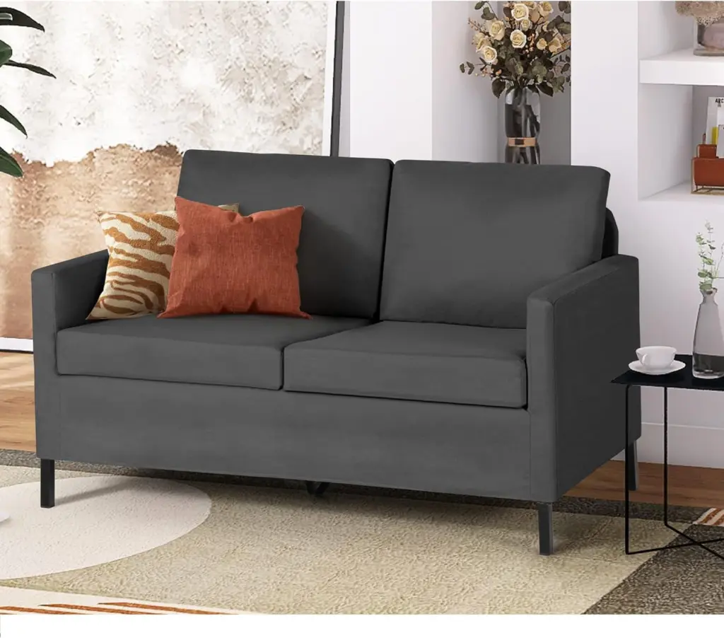Linen Fabric Modern Small Loveseat Sofa 51 Inch 2-Seater Iron Legs Apartment Dark Grey MM
